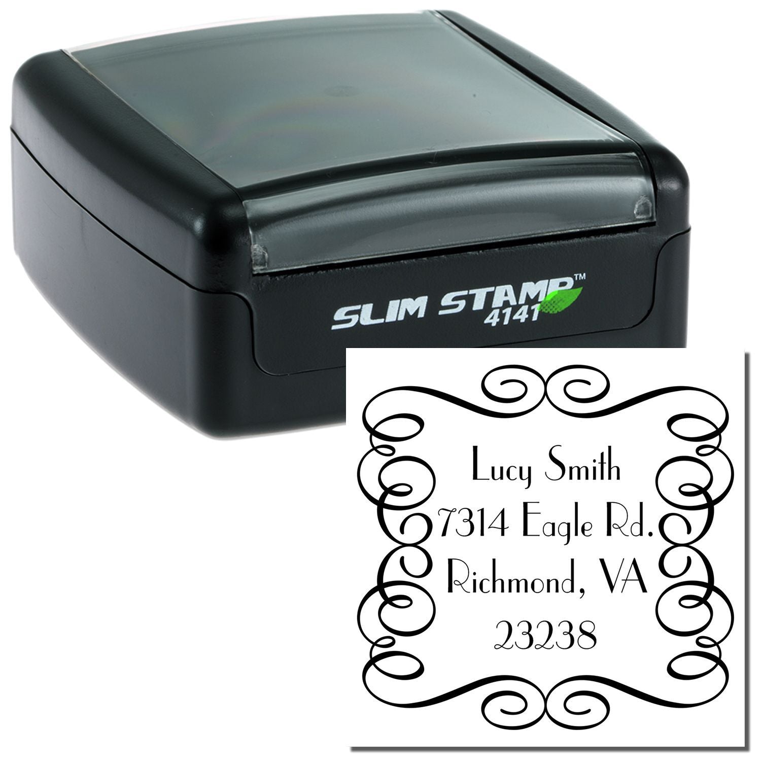 Slim Stamp 4141 custom address stamp with name and address design, showing personalized mailing stamp preview.
