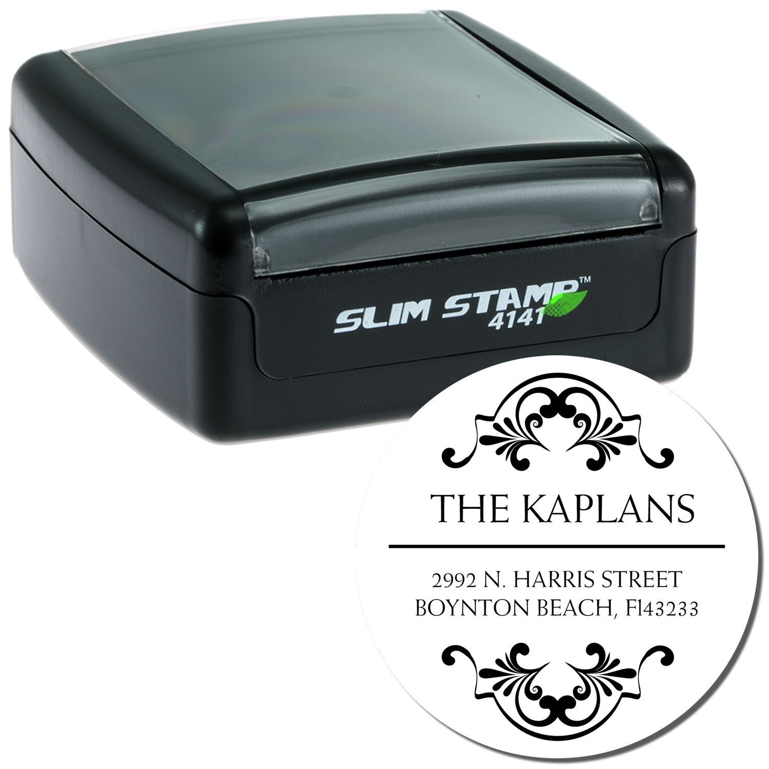 Slim Stamp 4141 self-inking address stamp for The Kaplans, used on mail and shipping labels: 2992 N Harris St, Boynton Beach FL 33433