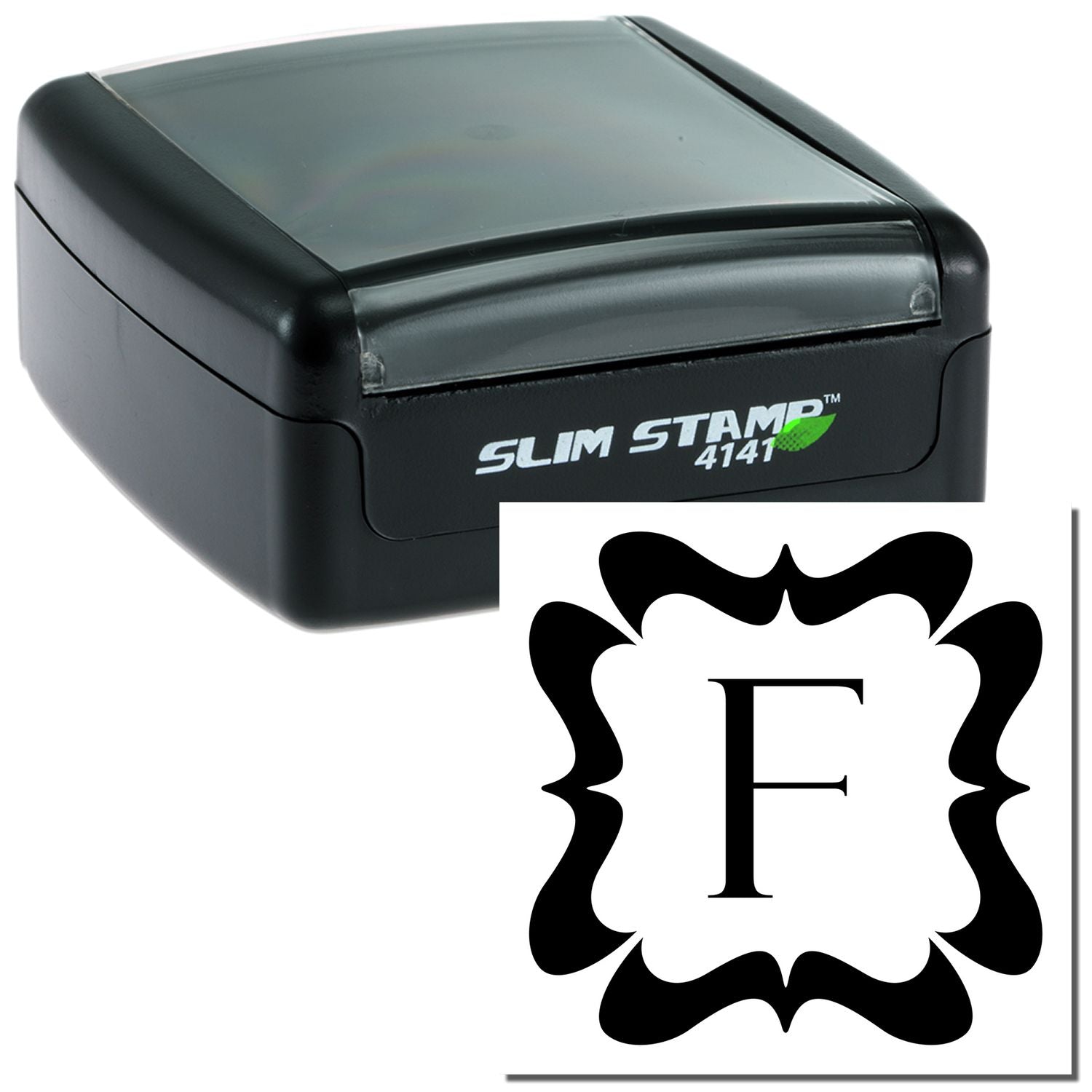 SLIM STAMP 4141 stamp device for office labeling, showing a bold custom letter F imprint.