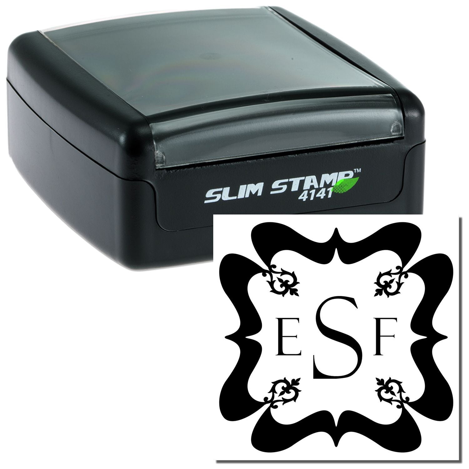 Slim Stamp 4114 self-inking stamp with decorative EFS monogram and floral accents for custom marking and branding on labels and packages.