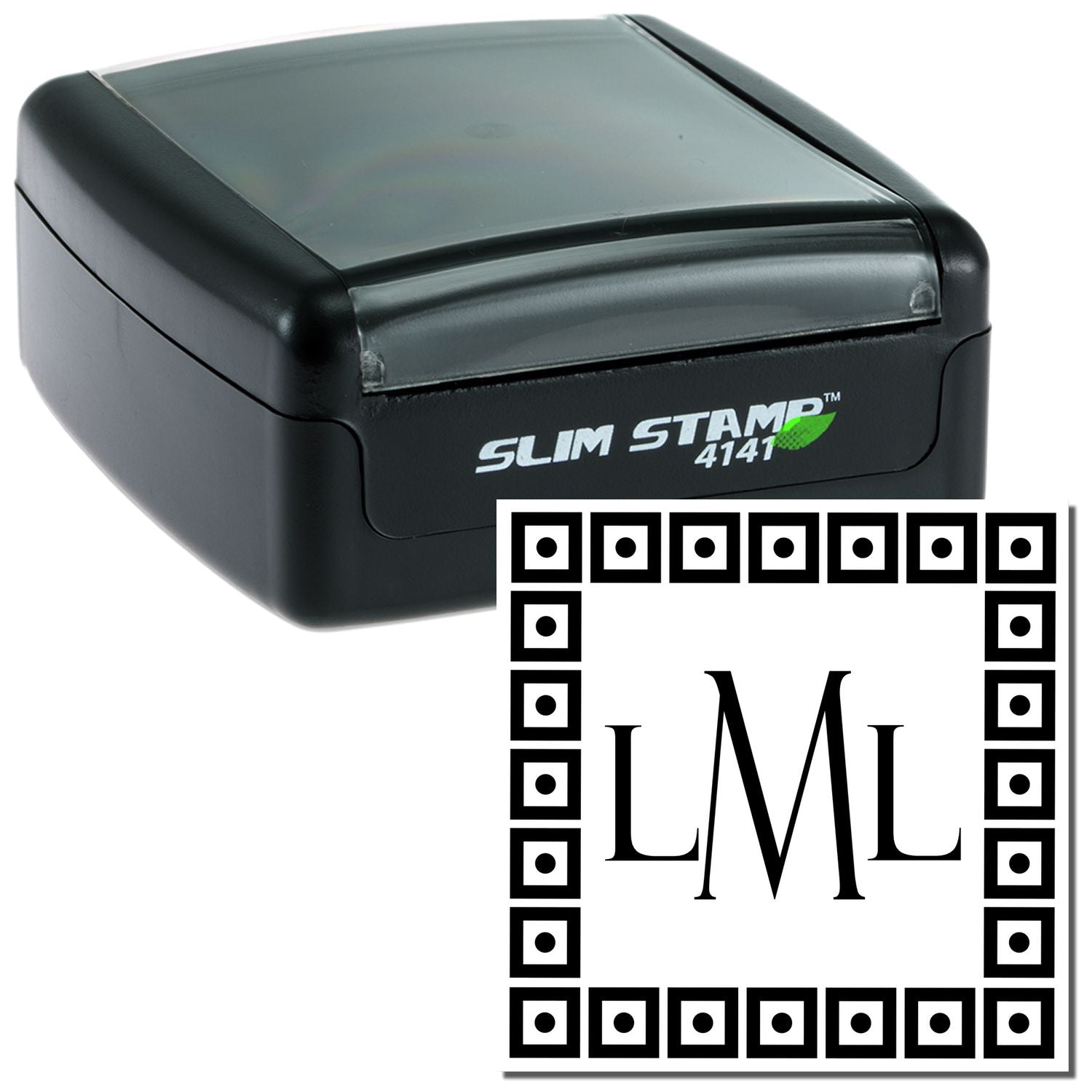 Slim STAMP 4141 ink stamp for branding, showing the LM logo on the stamp housing.