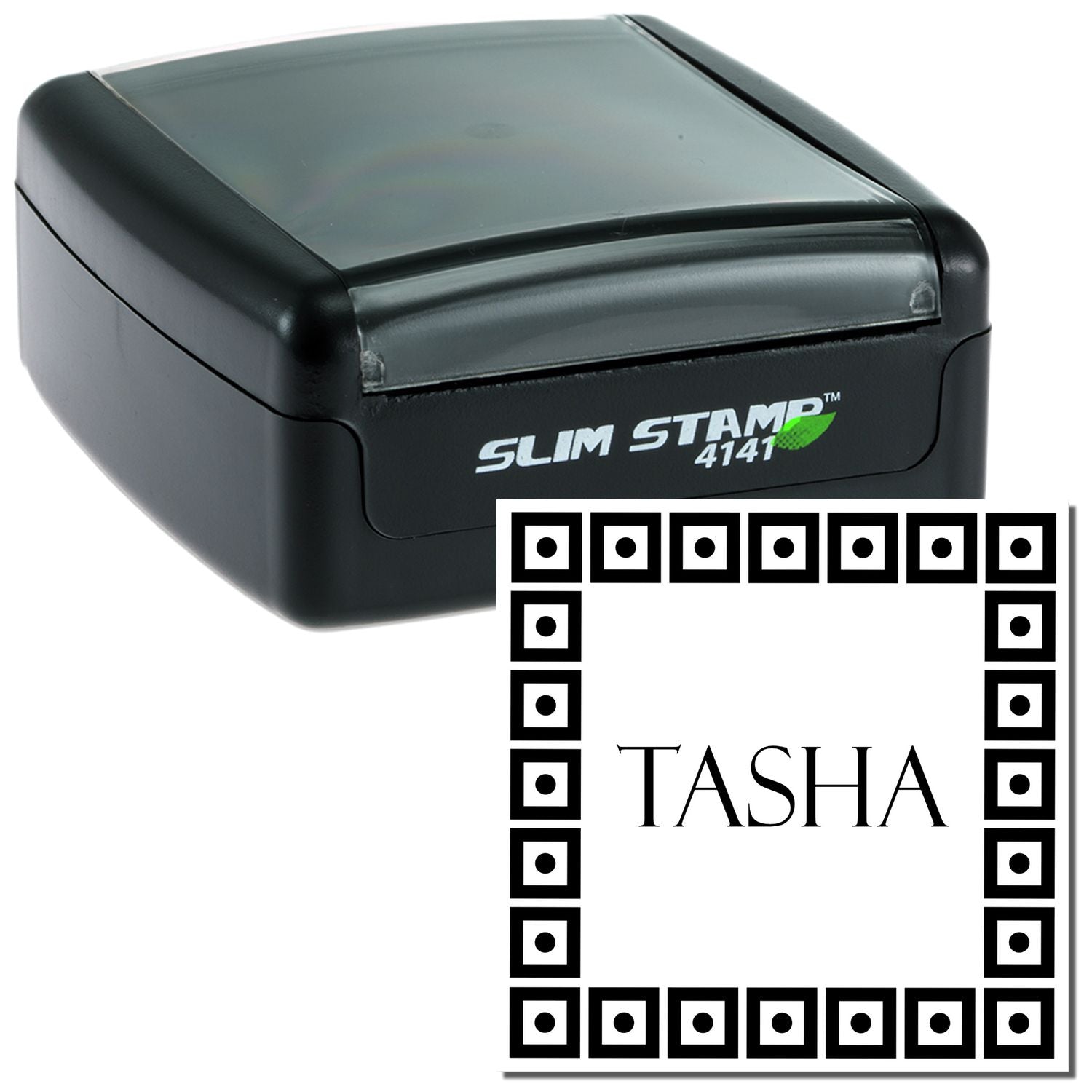 Slim Stamp 4141 personalized self-inking stamp for 'TASHA'example imprint layout for labeling, crafts, and event invitations.