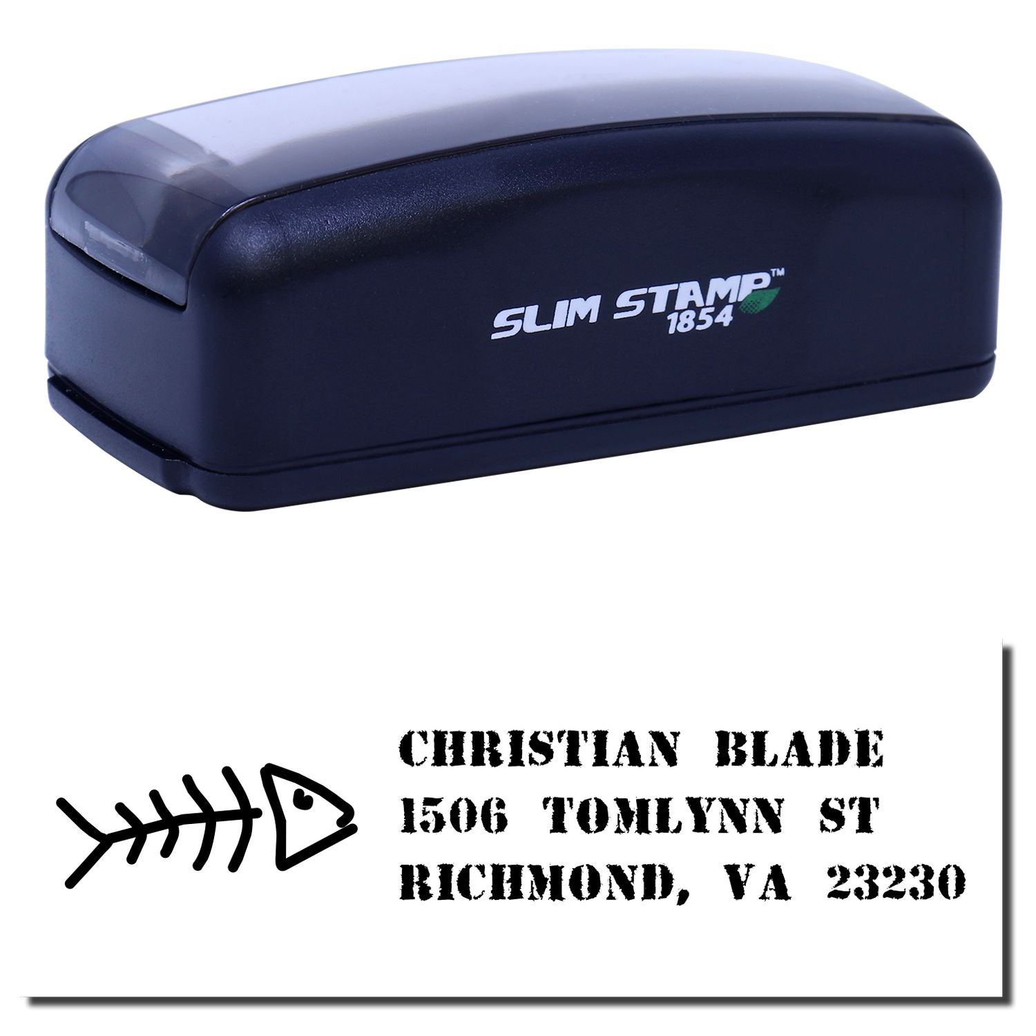 Slim Stamp 1854 custom self-inking address rubber stamp with fishbone design and sample return address imprint.