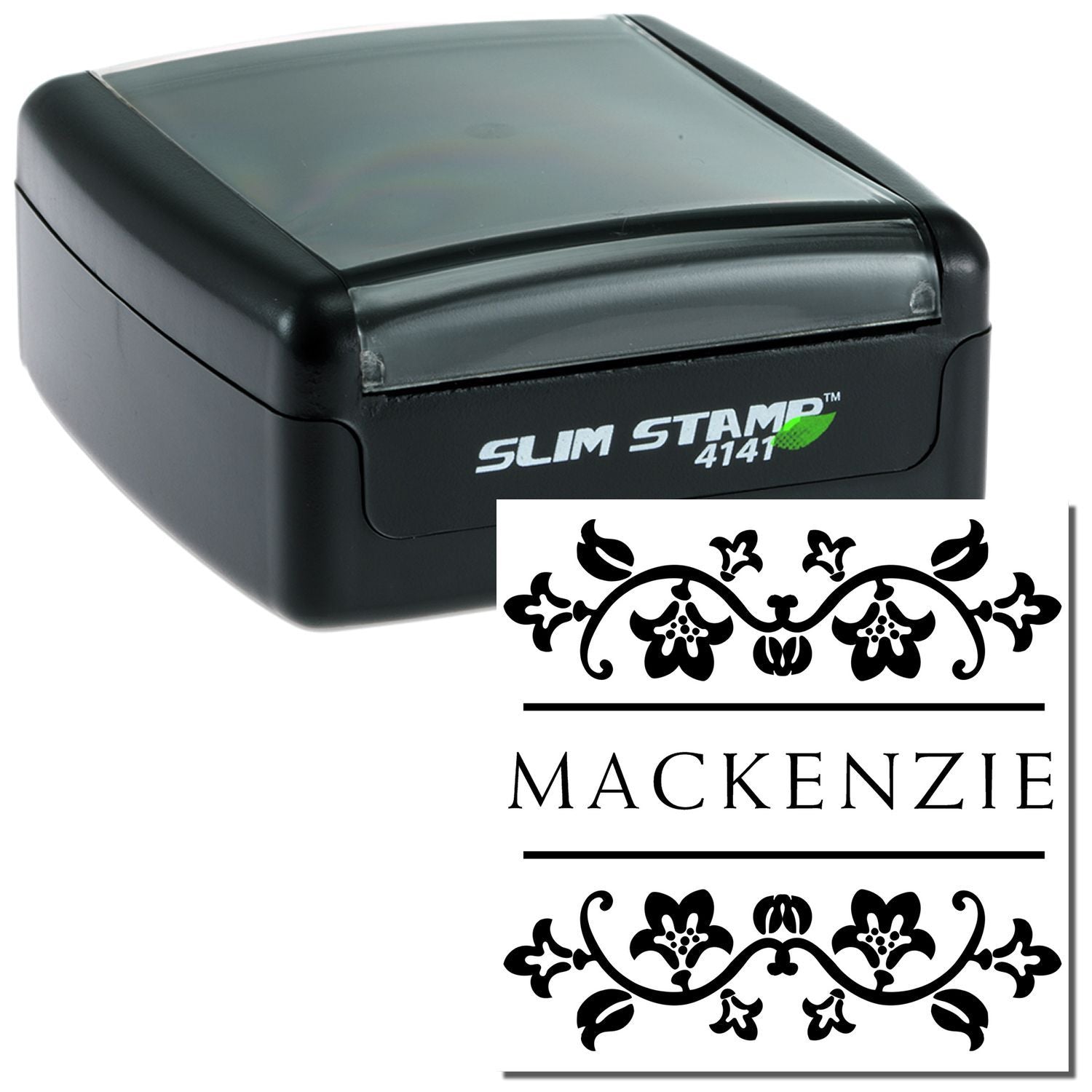 Slim Stamp 4141 custom ink stamp with Mackenzie floral border design for branding labels and envelopes.