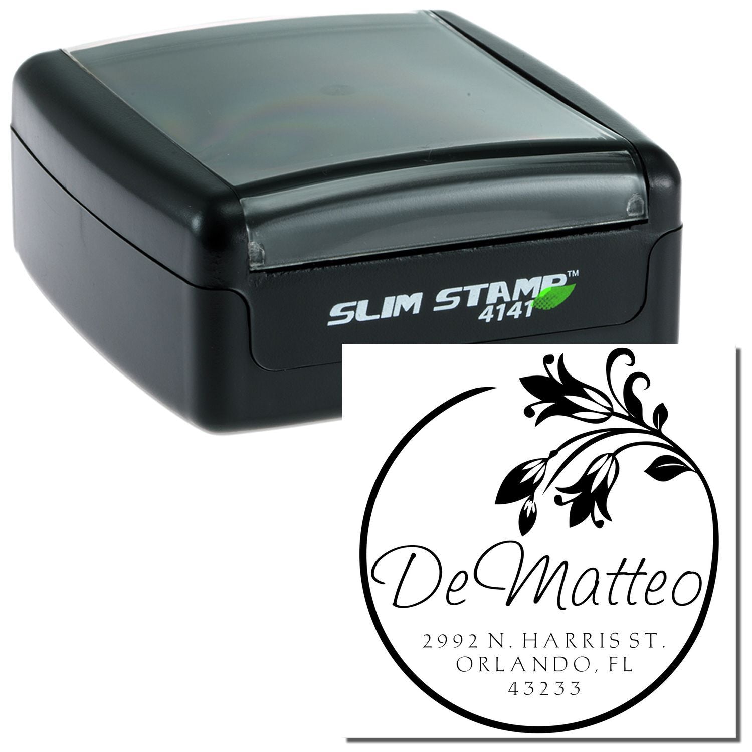 Slim Stamp 4141 ink stamp showing DeMatteo company logo for branding and mailing labels