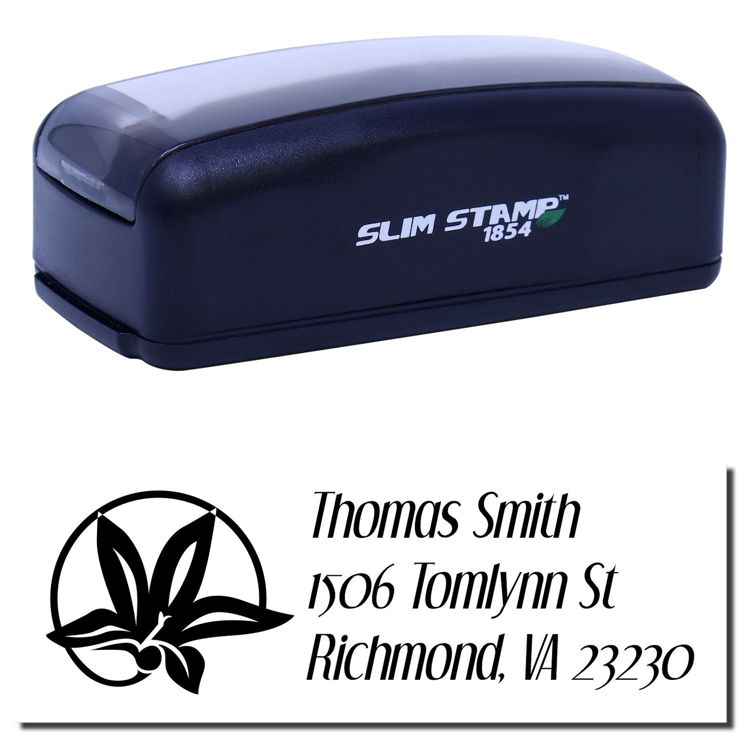 Slim Stamp 1854 self-inking custom address rubber stamp with name, address and logo imprint sample