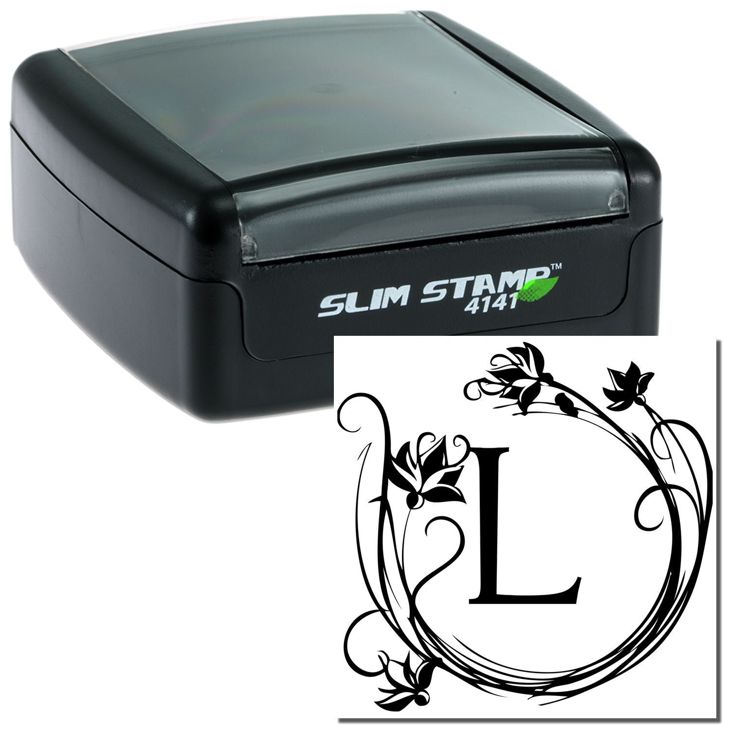 Slim Stamp 4141 self-inking label stamp with decorative floral L letter design for documents and mail