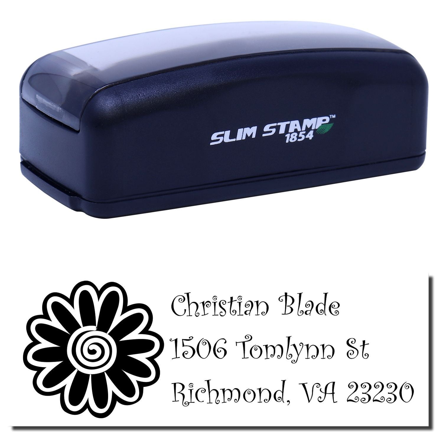 Slim Stamp 1854 custom self-inking address rubber stamp featuring floral logo and personalized name, street address, and city.