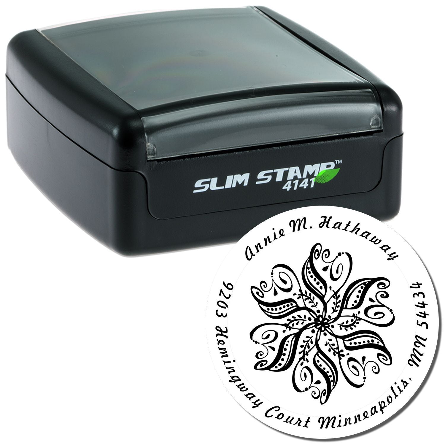 Slim Stamp 4141 inkless numbering stamp with Annie M. Hathaway circular seal for labeling, crafts, packaging, and return address stamping.