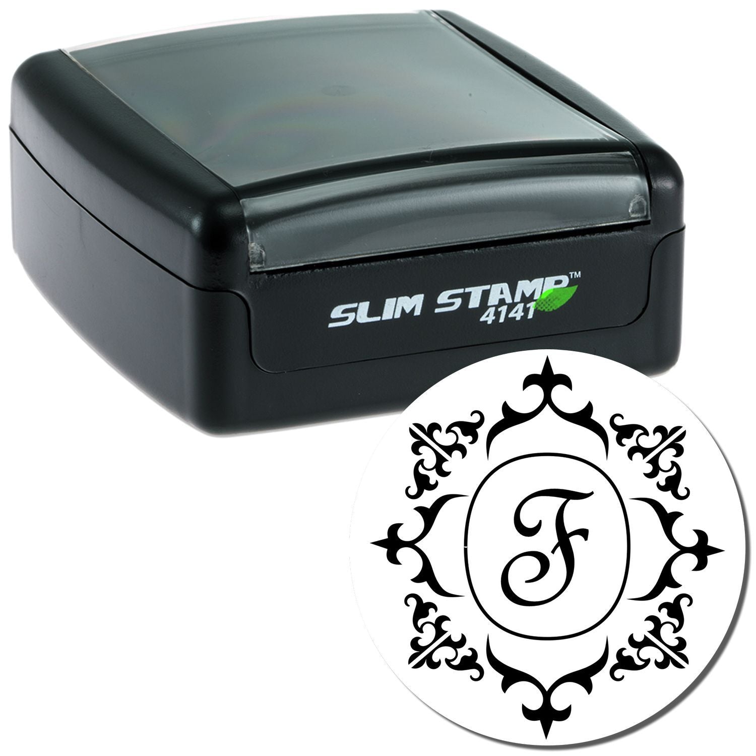 Slim Stamp 4141TM branding ink stamp with decorative monogram emblem, ideal for labeling and DIY crafts.