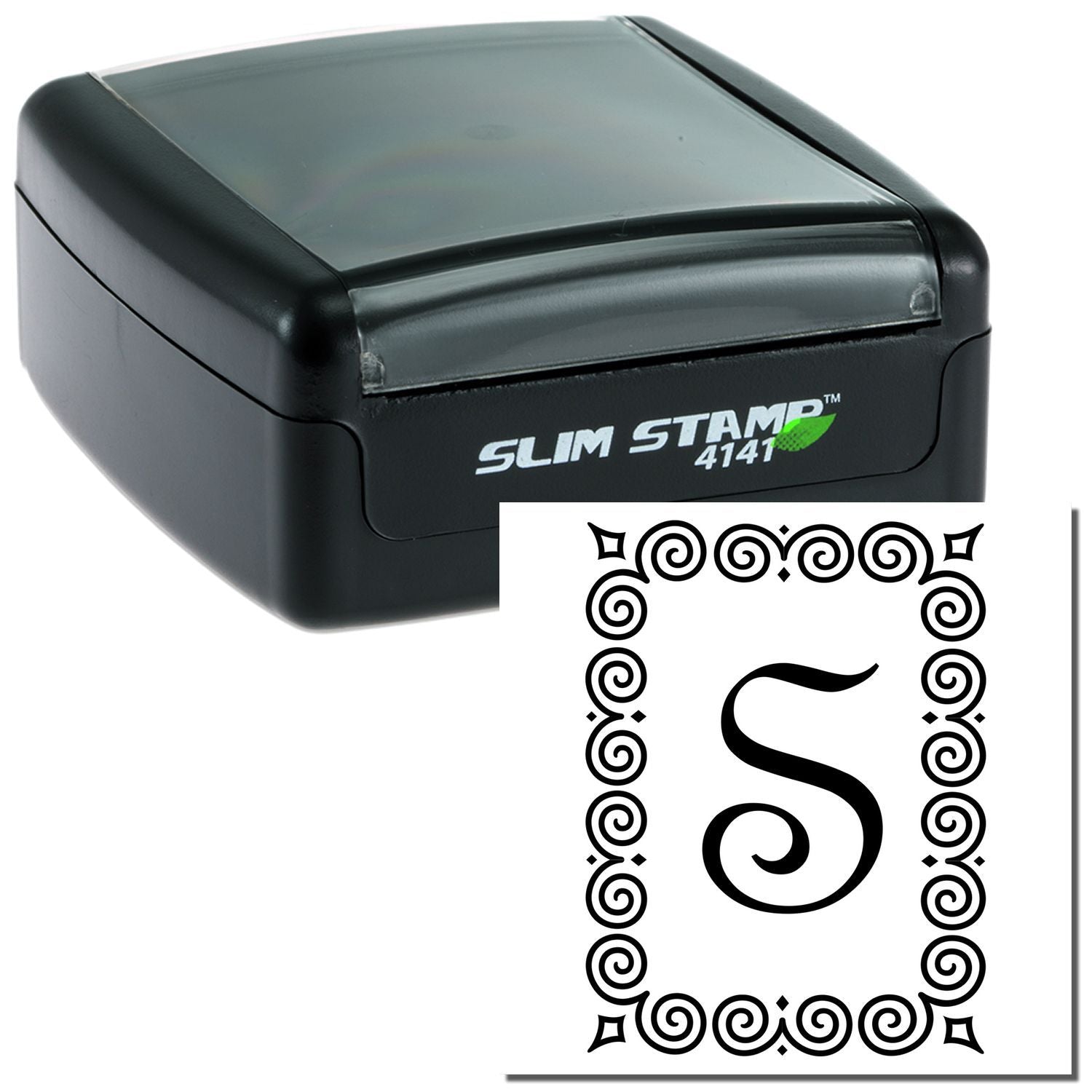 Slim STAMP 4141 black self-inking stamp tool showing imprint design for quick custom branding and document marking for office use