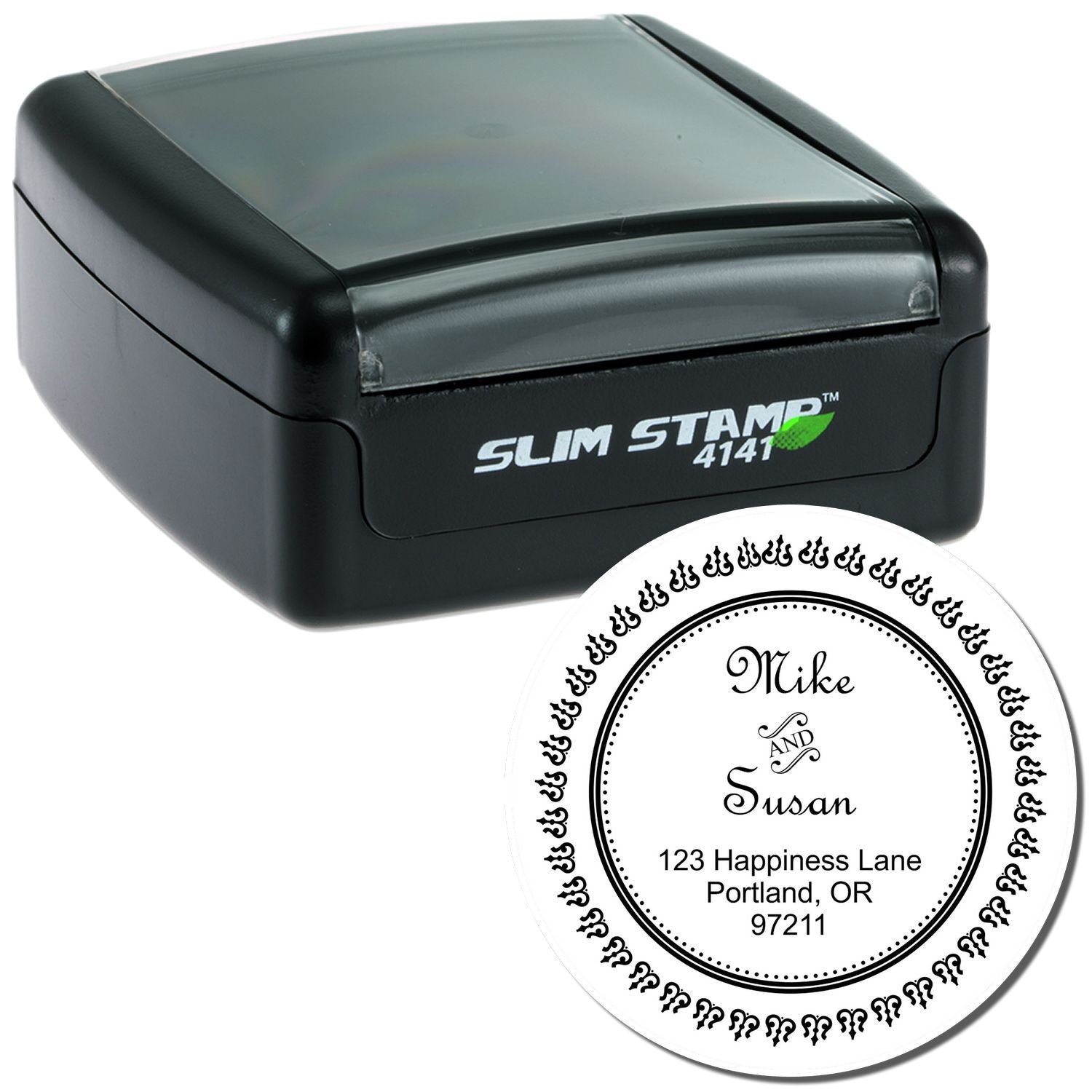 Slim Stamp 4141 ink stamp with custom address label for Mike & Susan, 123 Happiness Lane, Portland OR 97211.