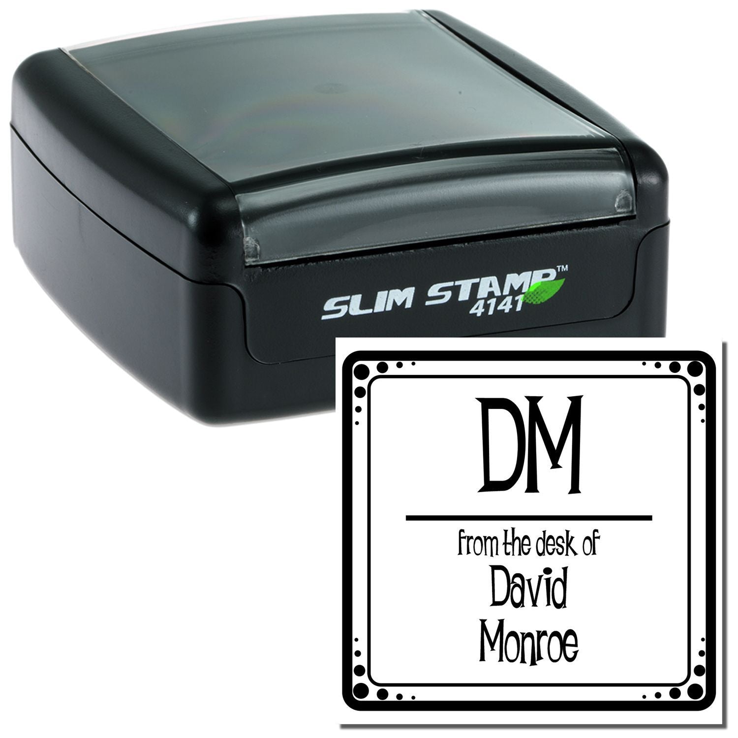 Slim Stamp 4141 self-inking stamp with sample DM from the desk of David Monroe impression for envelopes and mailing labels