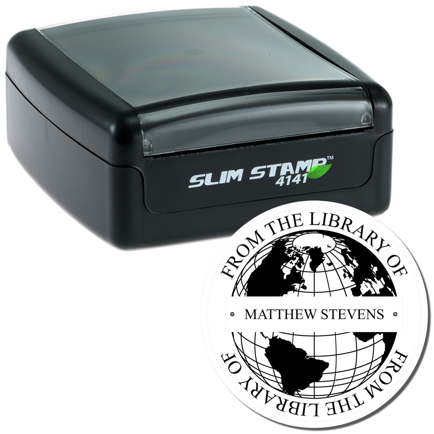Black Slim Stamp 4141 self-inking library stamp: From the Library of Matthew Stevens with globe seal logo.