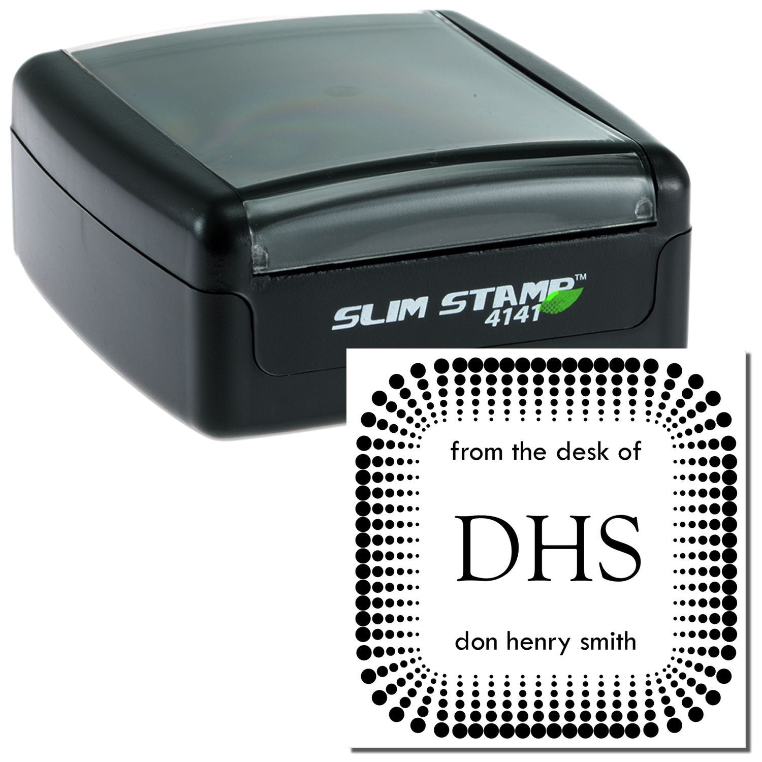 Slim Stamp 4141 pre-ink stamp marking documents with from the desk of DHS Don Henry Smith personalization.