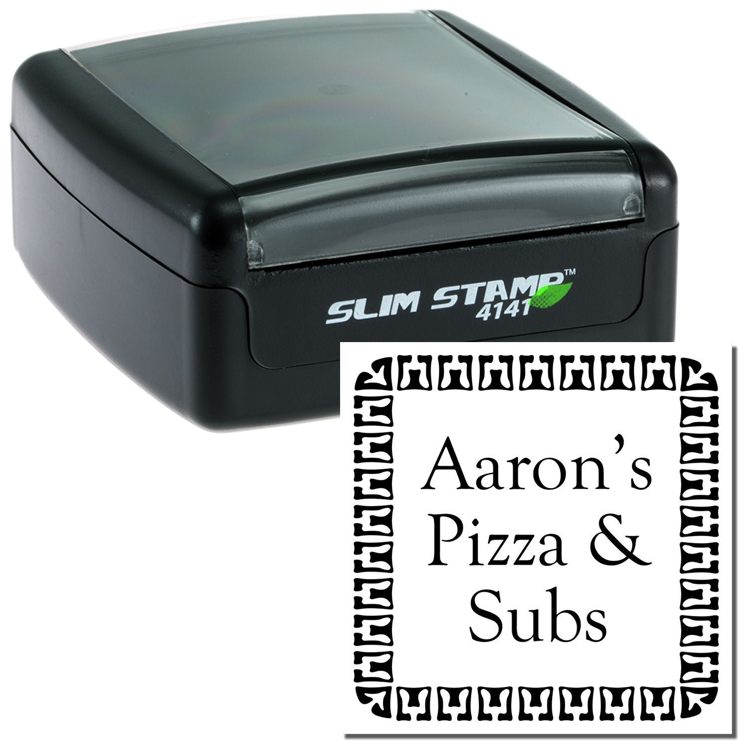 Slim Stamp 4141 promotional self-inking stamp for Aarons Pizza & Subs, used to mark orders, offers, or coupons.