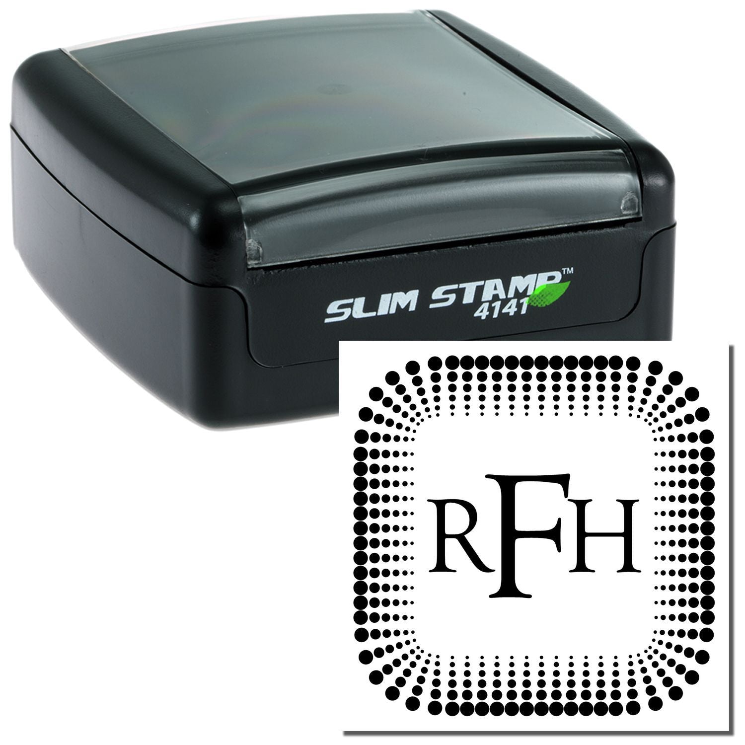 Slim Stamp 4141 self-inking stamp with RFH logo, used to mark documents, isolated on white background.