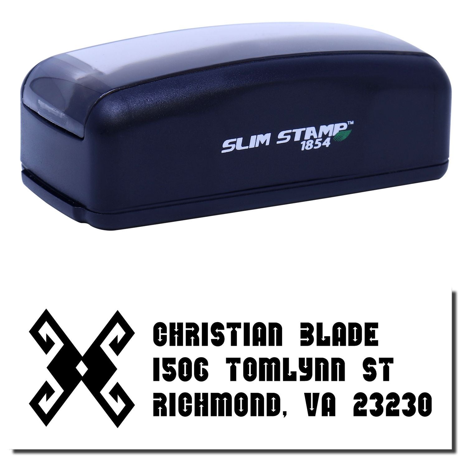 Slim Stamp 1854 self-inking rubber stamp with custom Christian Blade address imprint for business and mailing use
