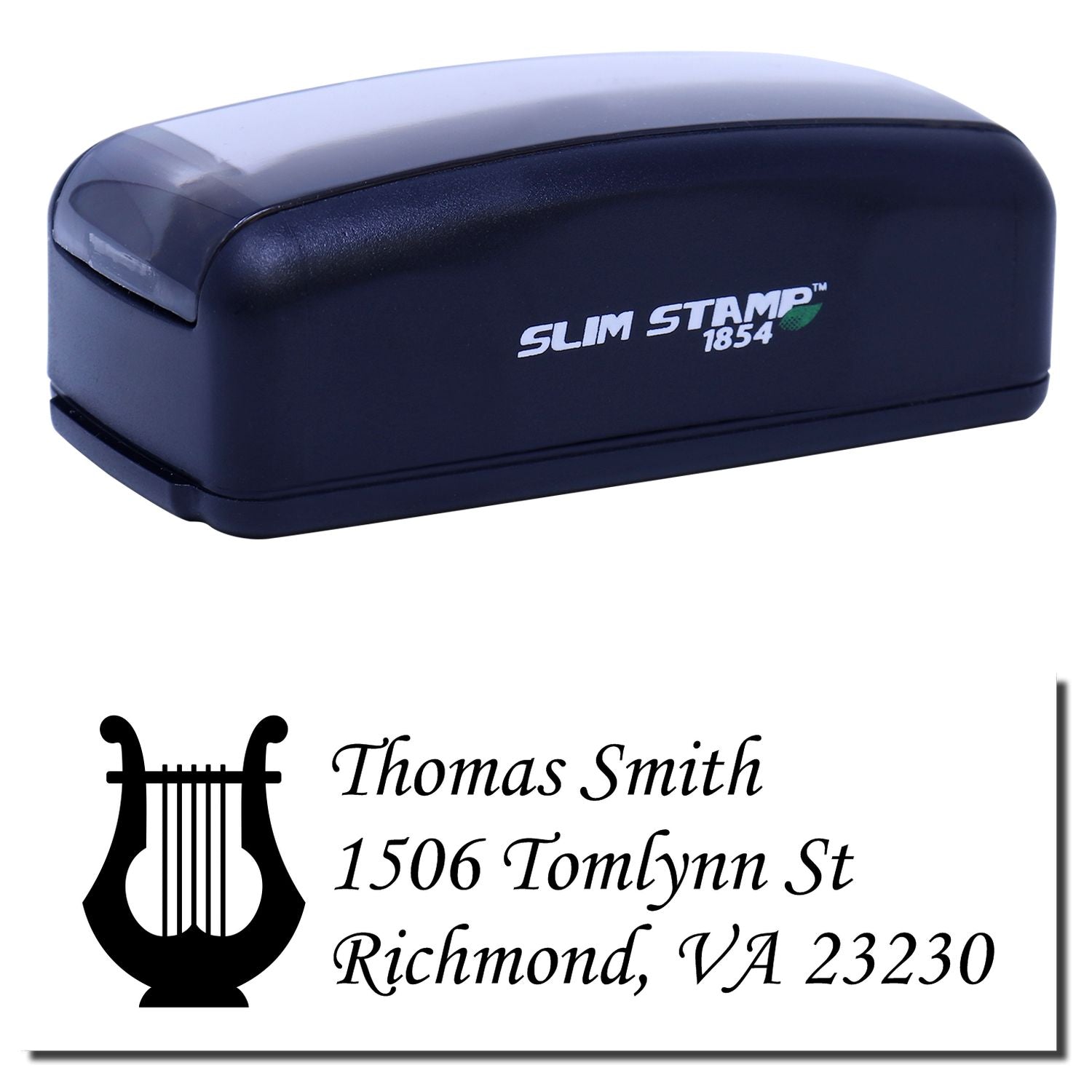 Self-inking Slim Stamp 1854 custom address rubber stamp with personalized name and musical lyre design