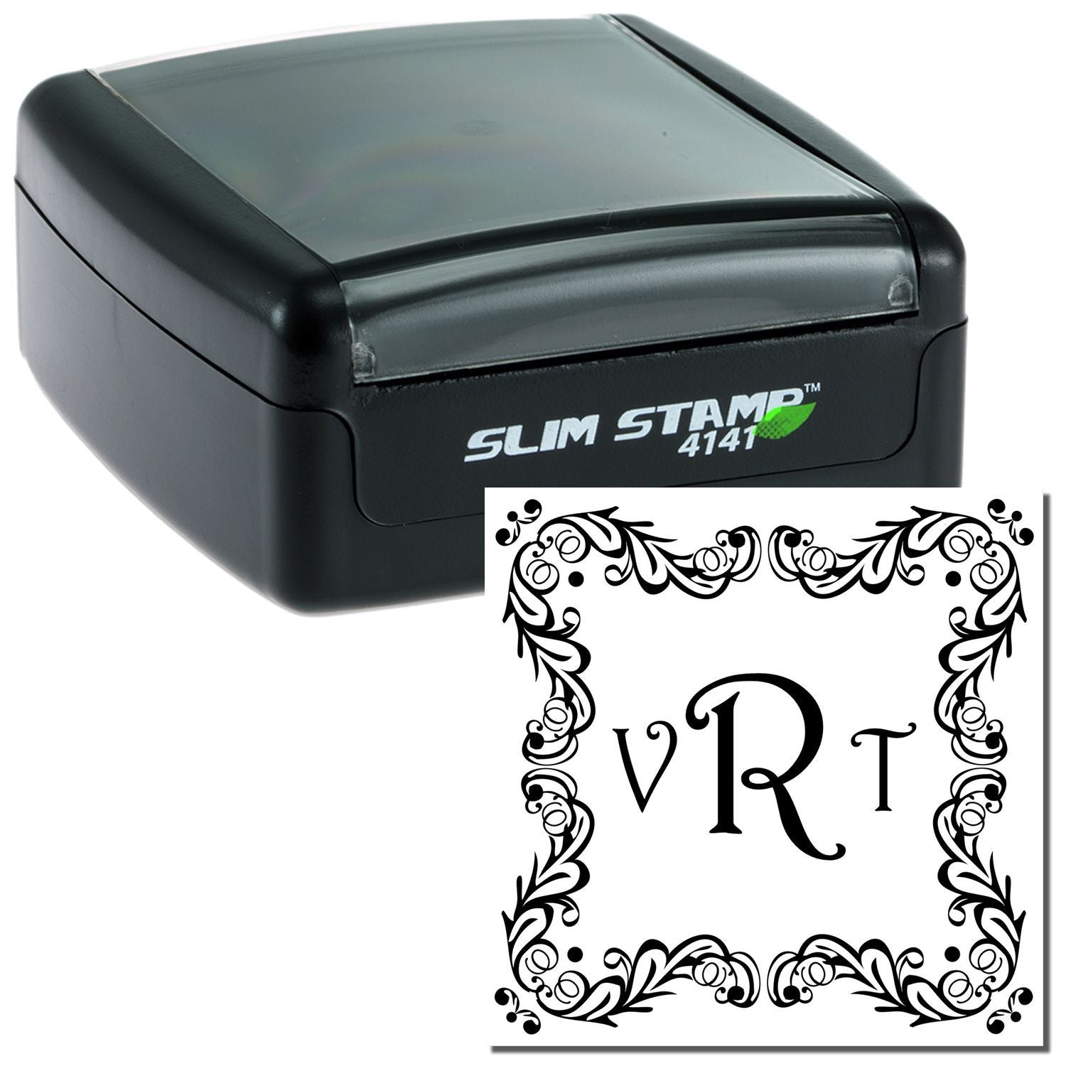Slim STAMP 4141 stamping device with ornate VRT monogram border artwork for labeling, crafts, and personalization