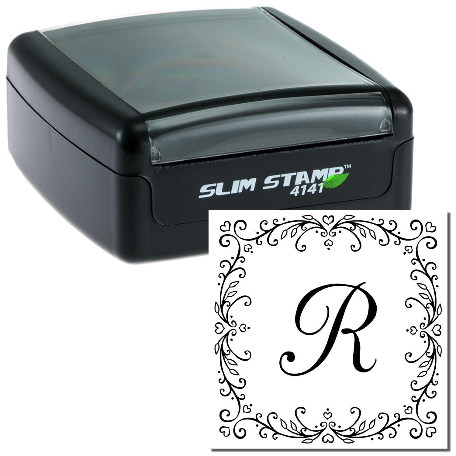 Slim STAMP 4141 ink stamp for scrapbooking and crafts, showing an ornate border and letter R design.