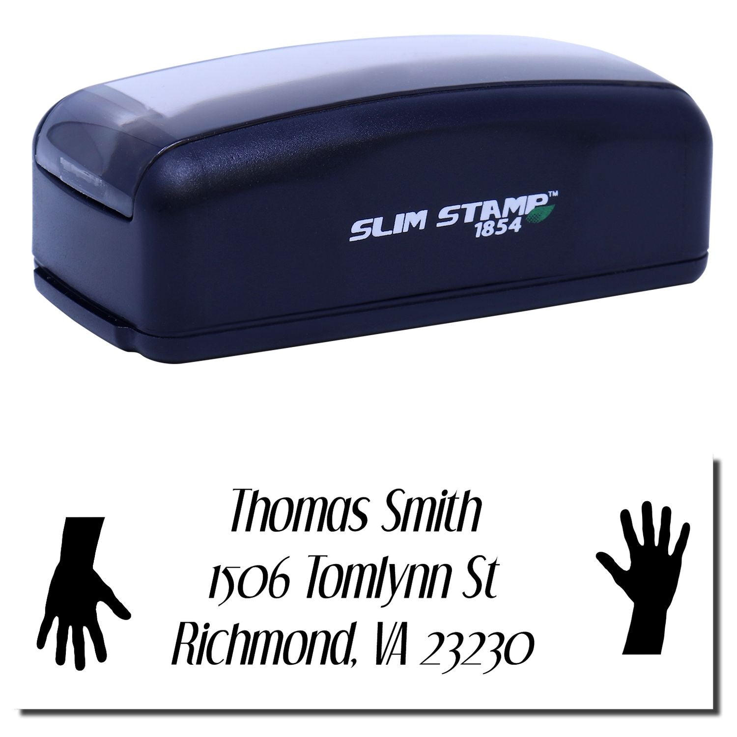 Slim Stamp 1854 self-inking custom address rubber stamp with name, street address and hand icons for personalized mailing.
