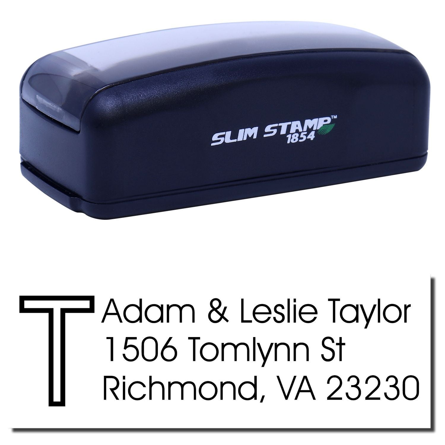 Slim Stamp 1854 self-inking rubber address stamp with personalized monogram and return address impression