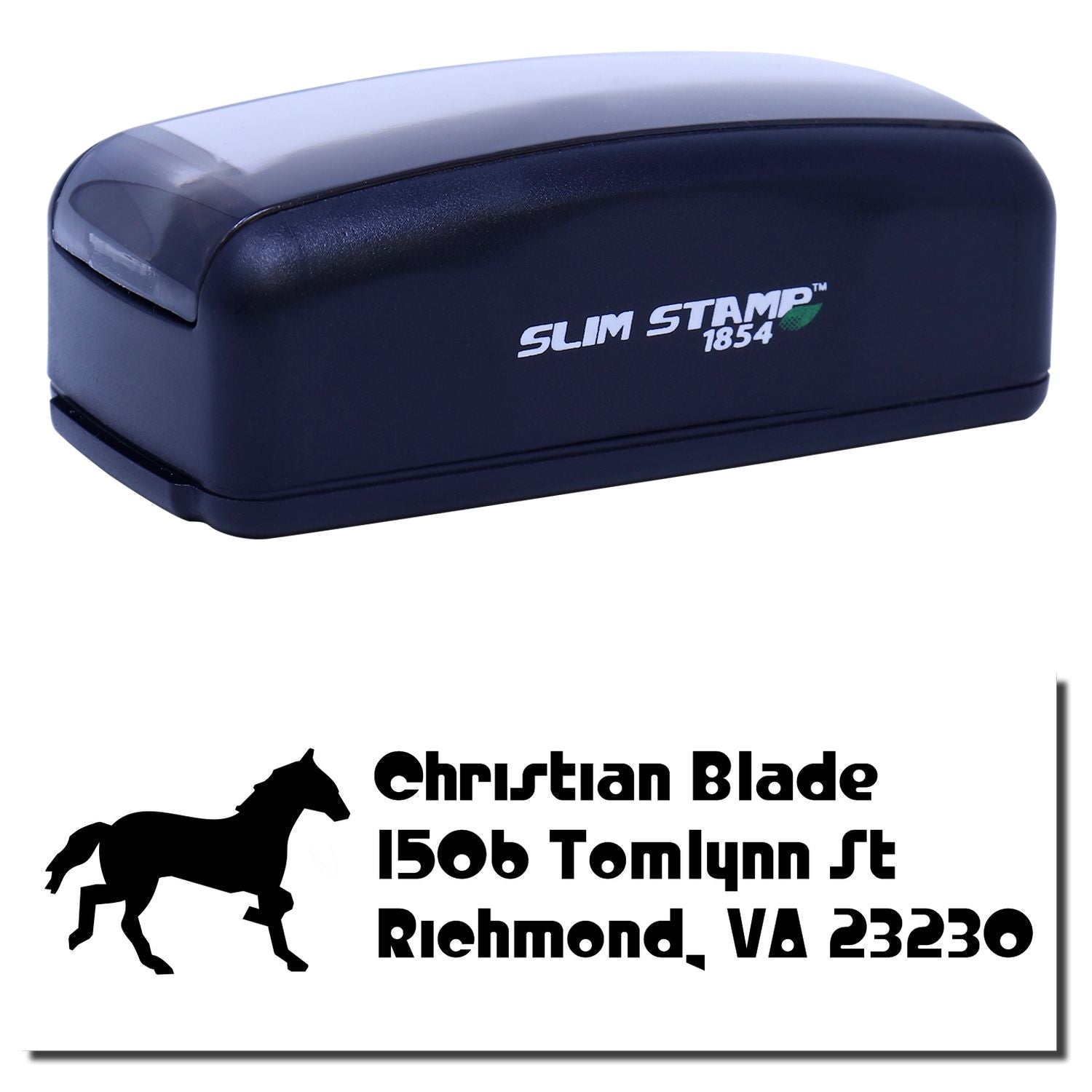 Slim Stamp 1854 self-inking rubber address stamp with horse logo and custom Christian Blade Richmond, VA address.