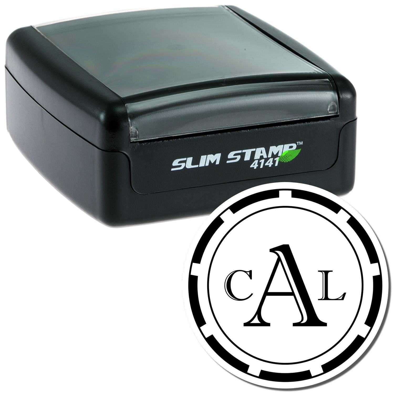 Slim Stamp 4141 self-inking date stamp with CAI logo, compact black stamp for document marking