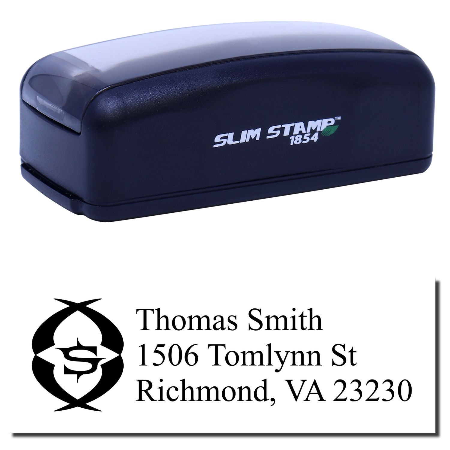 Slim Stamp 1854 self-inking rubber stamp with custom address imprint for Thomas Smith, Richmond, VA.