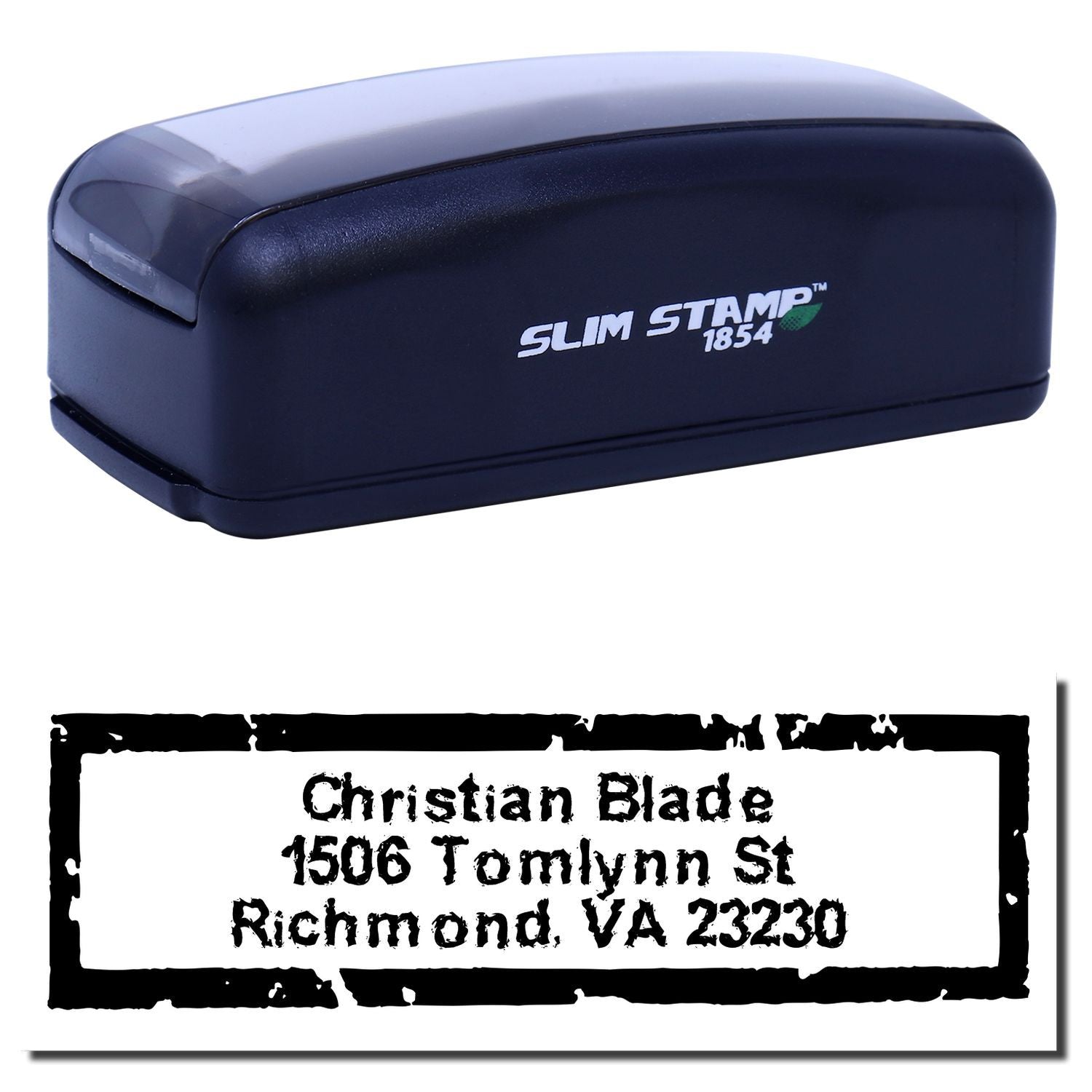 Slim Stamp 1854 self-inking custom address rubber stamp with Christian Blade Richmond, VA imprint sample