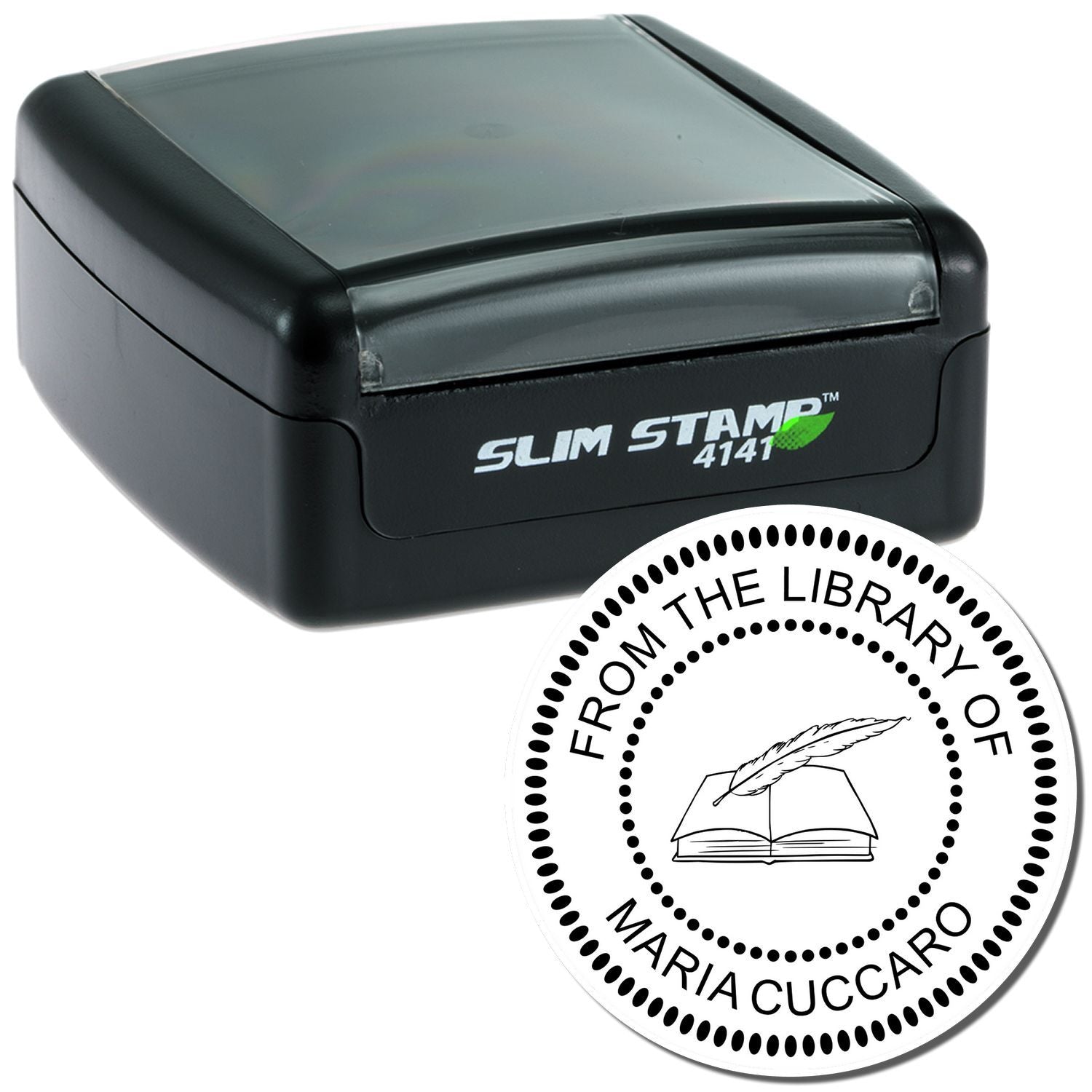 Slim Stamp 4141 personalized ink stamp reading From the Library of Maria Cuccaro for book labeling.