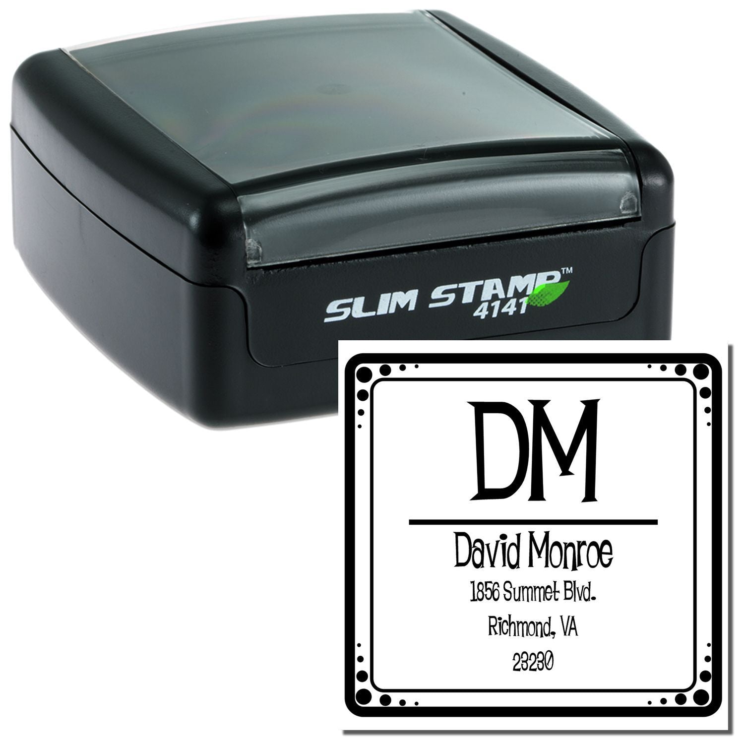 Slim STAMP 4147 personalized stamp with DM imprint for David Monroe, 1856 Summeet Blvd, Richmond VA 23230 for mailing