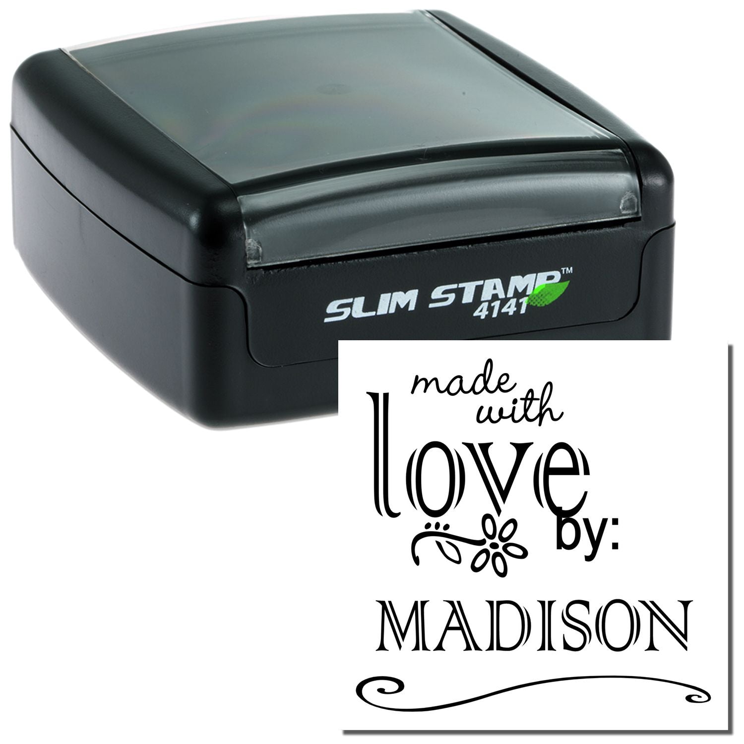 Custom self-inking rubber stamp with made with love by Madison design for handmade product branding and packaging.