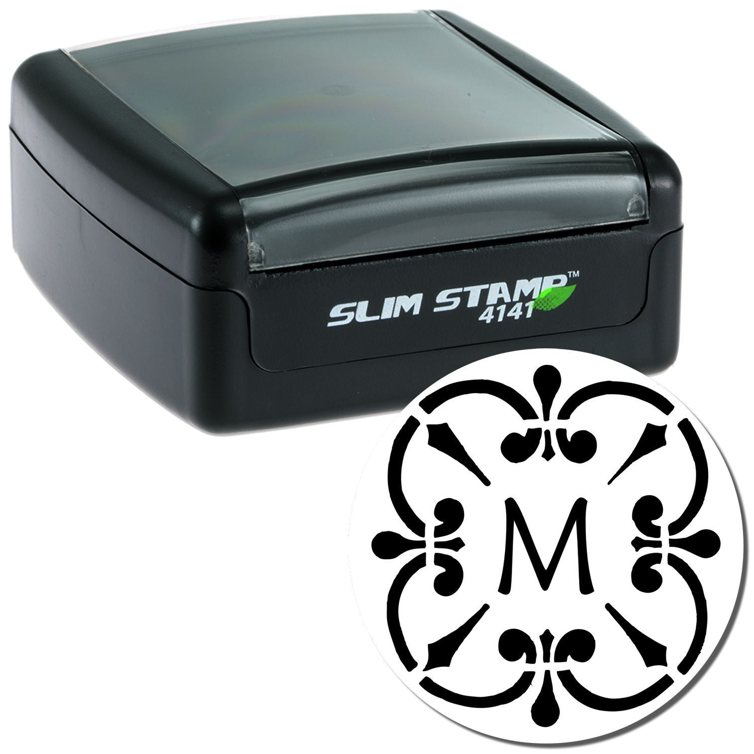 Slim Stamp 4141 self-inking stamp tool showing brand label and custom circular ink seal imprint