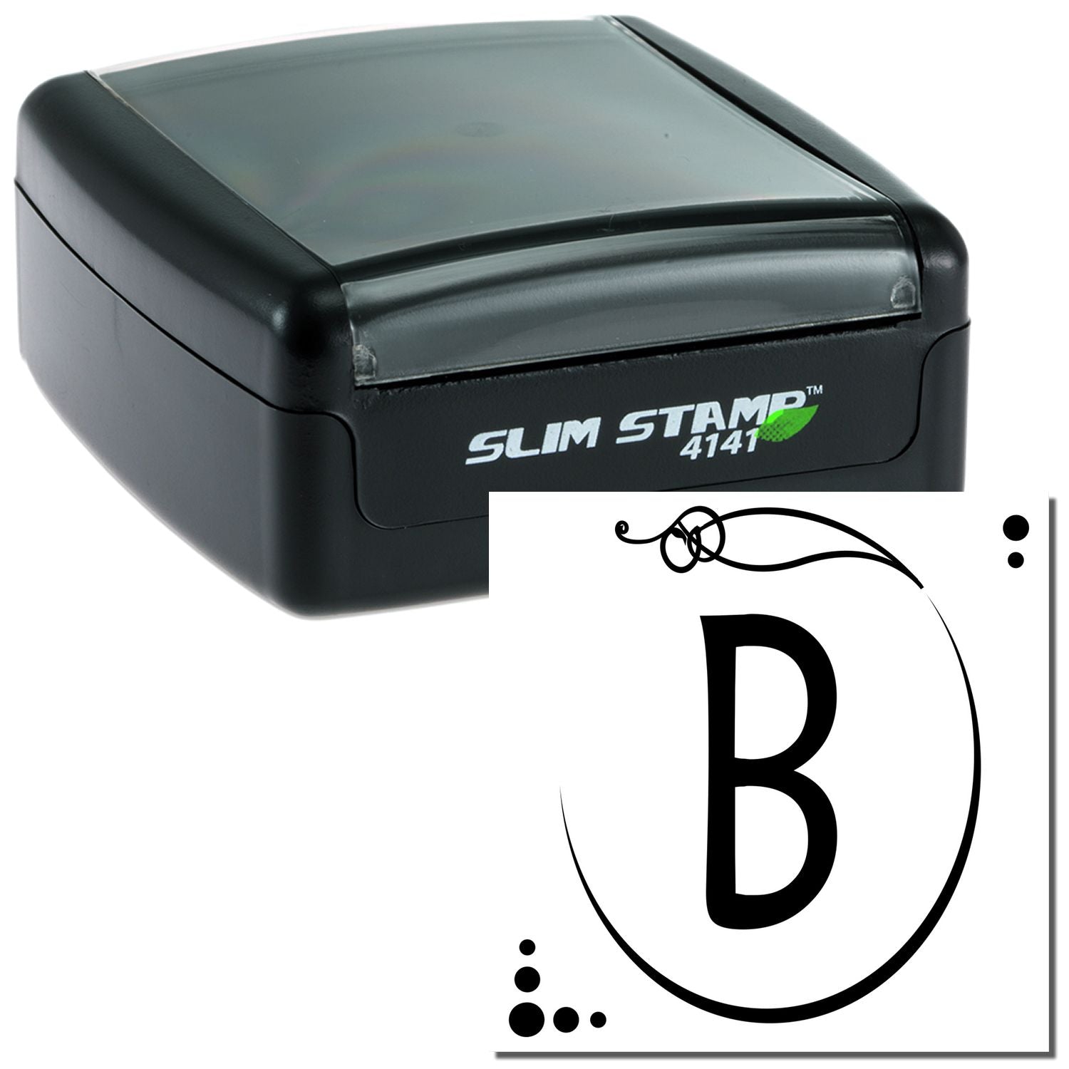 Close-up of Slim Stamp 4141 self-inking label stamp, showing the imprint of letter B on the black stamp body for product branding and quick marking.