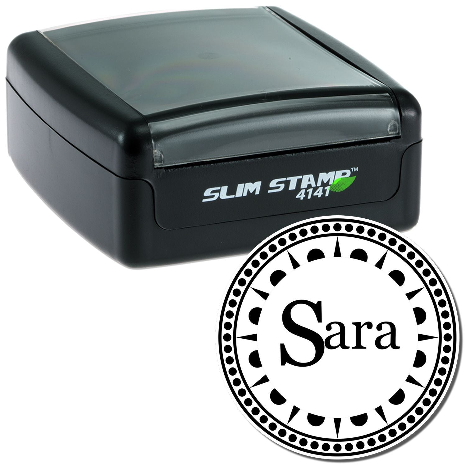 Slim Stamp 4141 custom self-inking rubber stamp with circular Sara name imprint for personalized office use.
