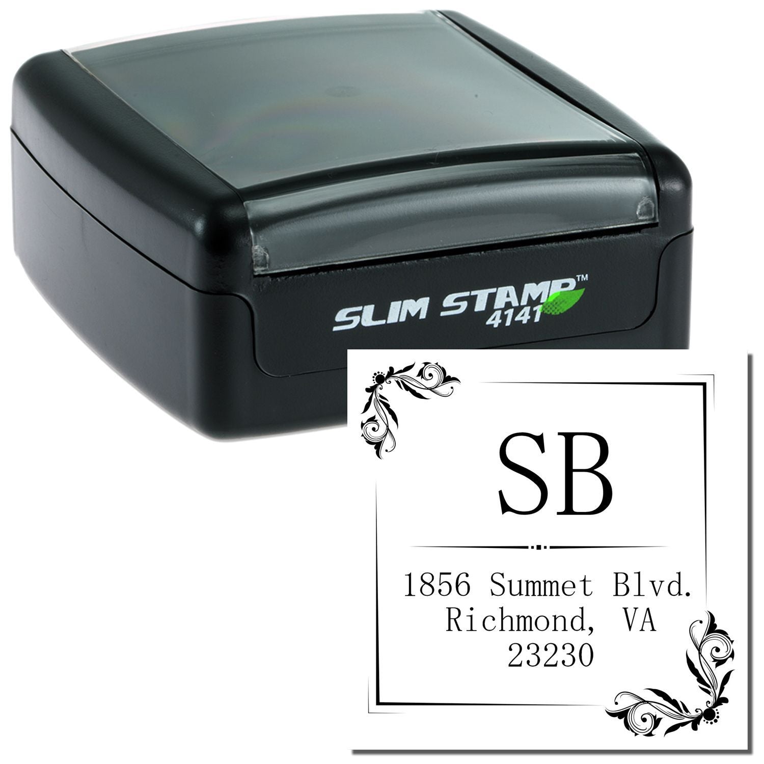 Slim Stamp self-inking rubber address stamp with custom monogram and return address design