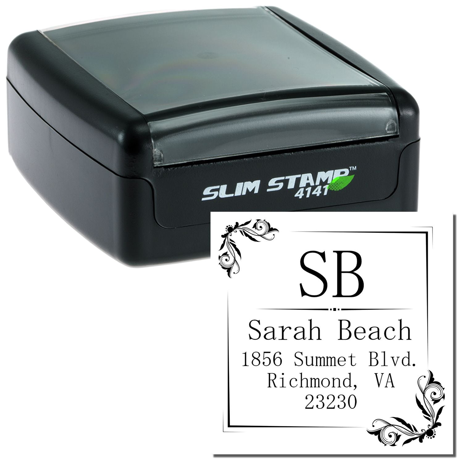 Slim Stamp 4141 self-inking rubber stamp with custom return address design for Sarah Beach, Richmond, VA.