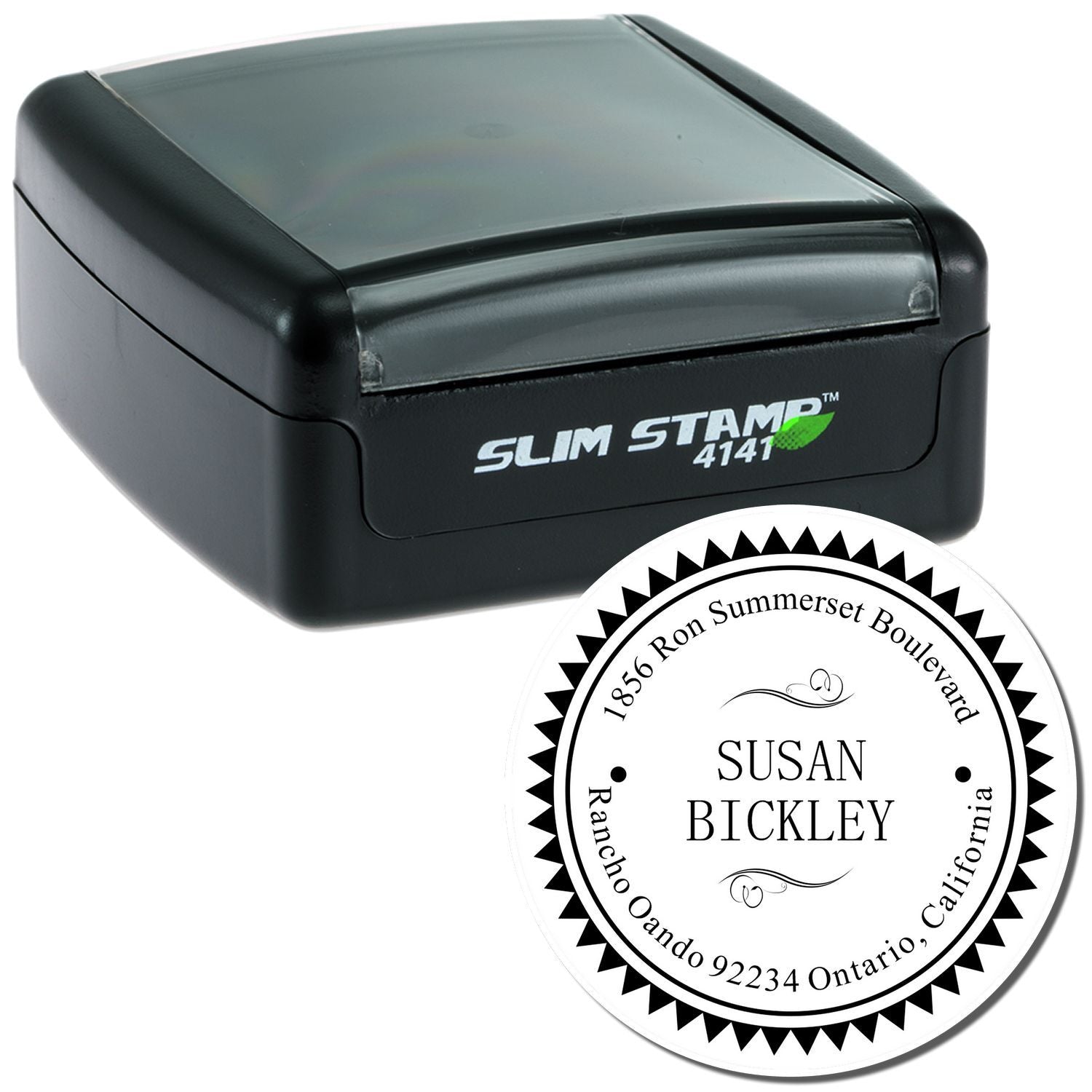 Slim Stamp self-inking rubber stamp with custom round address imprint for personalized mailing and return address use