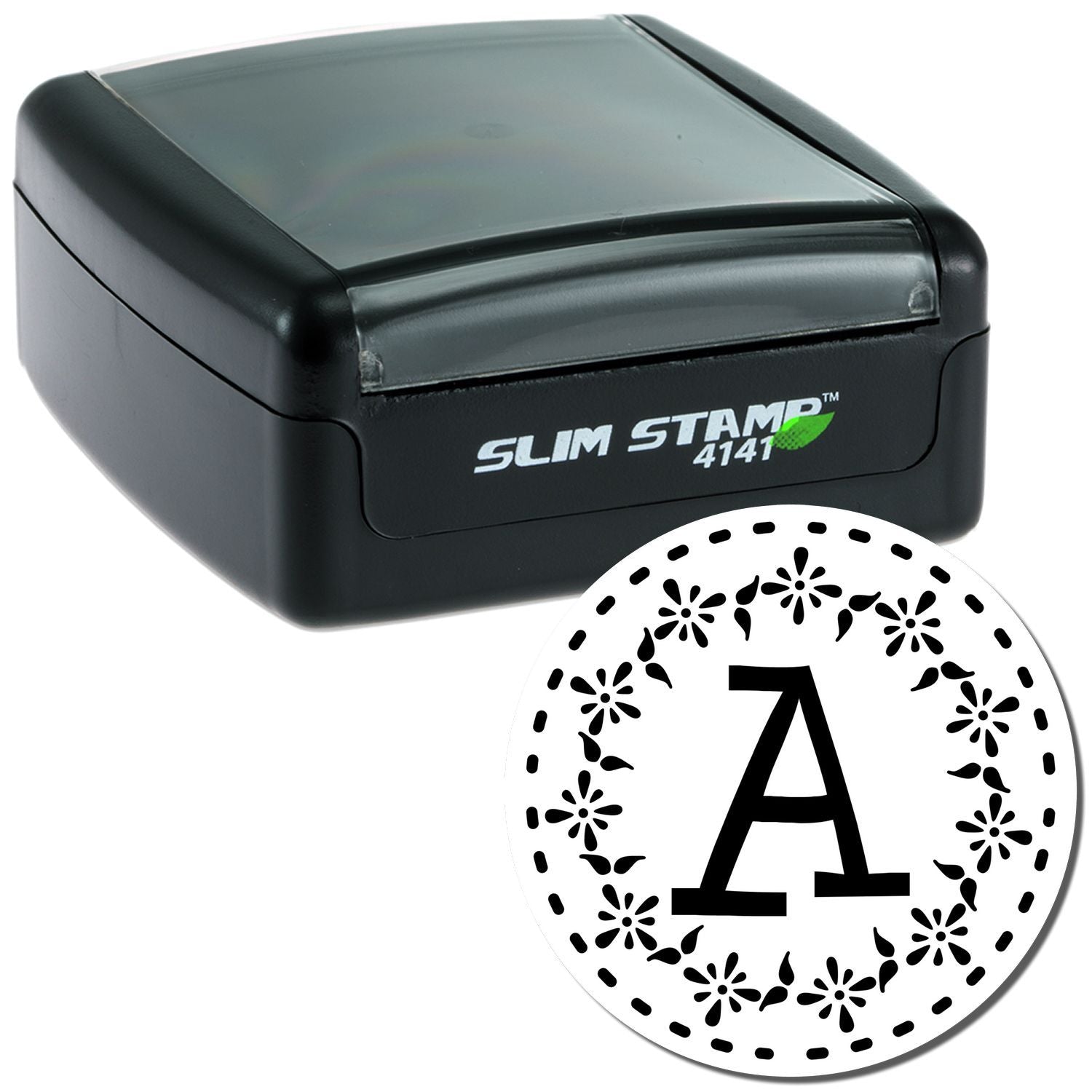 Slim Stamp 4141 self-inking rubber stamp with decorative A monogram for custom initials and address stamping.