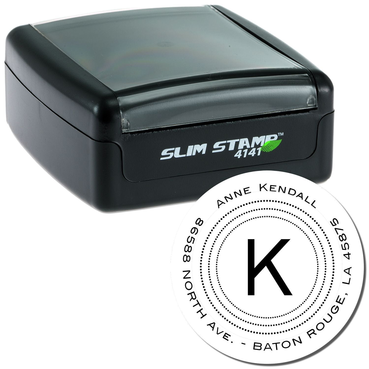 Slim Stamp self-inking rubber stamp with custom monogram and address impression for personalized mailing and office use.