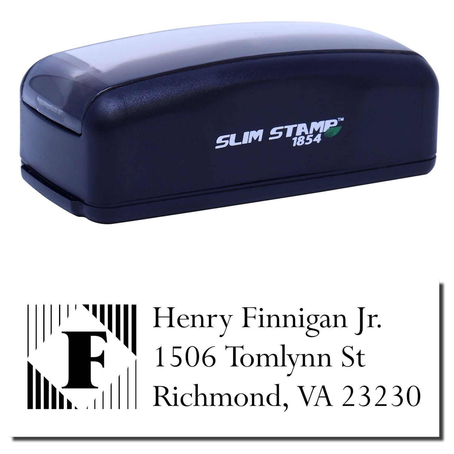Slim Stamp 1854 self-inking rubber address stamp with custom monogram and return address for envelopes and mailings