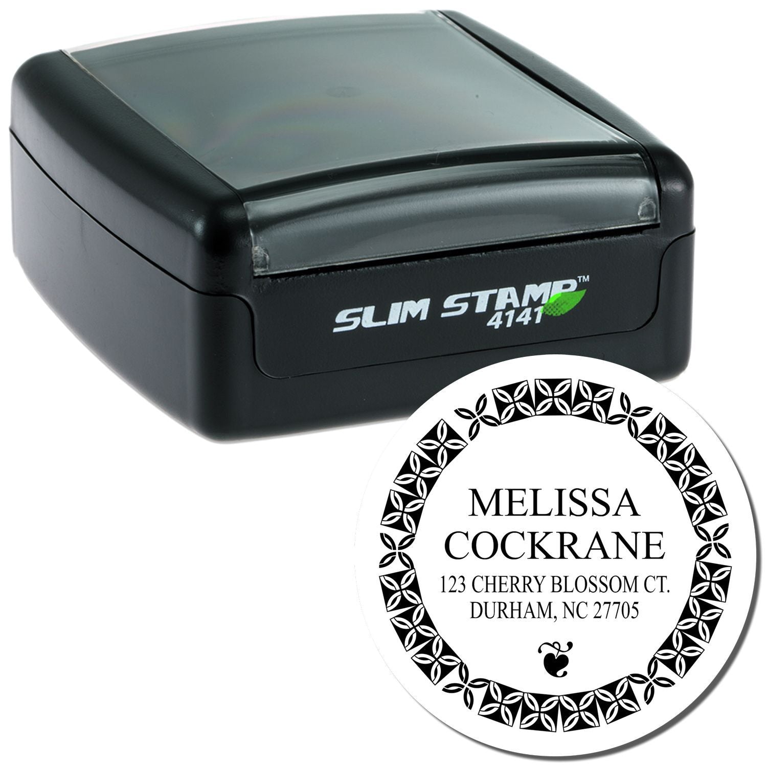 Custom self-inking address rubber stamp with floral border, ideal for personalized mailings and stationery.