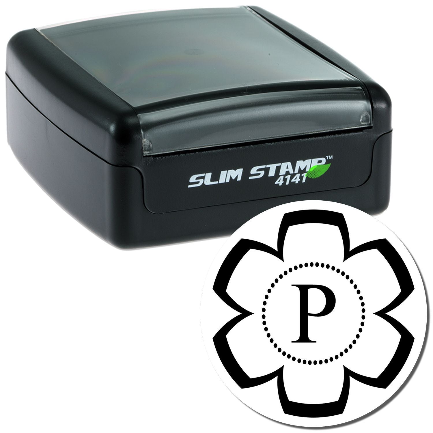 Slim Stamp 4141 self-inking rubber stamp with custom floral monogram P, ideal for personalized business or craft use.