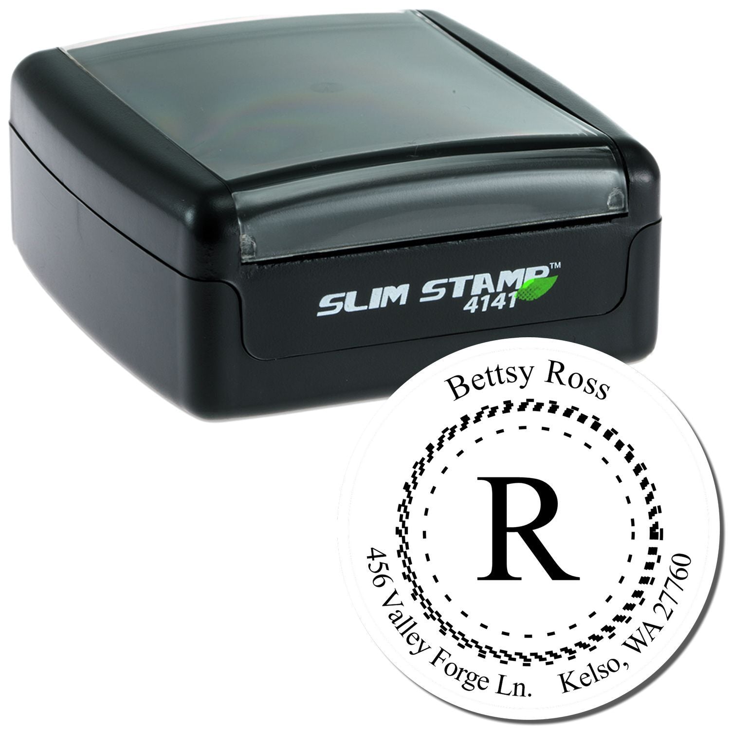Slim Stamp 4141 personalized round address rubber stamp with initial R for quick return address, mail, and business labeling