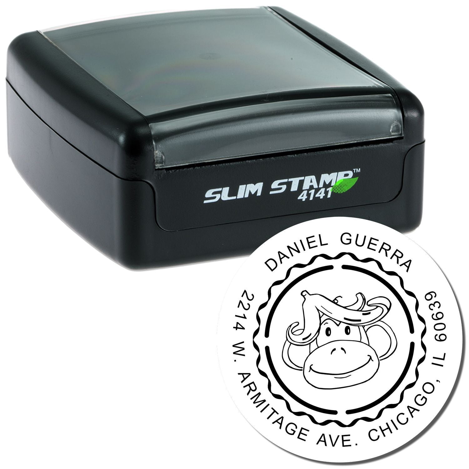 Slim Stamp 4141 self-inking rubber stamp with custom address imprint and monkey logo for mailing and business use