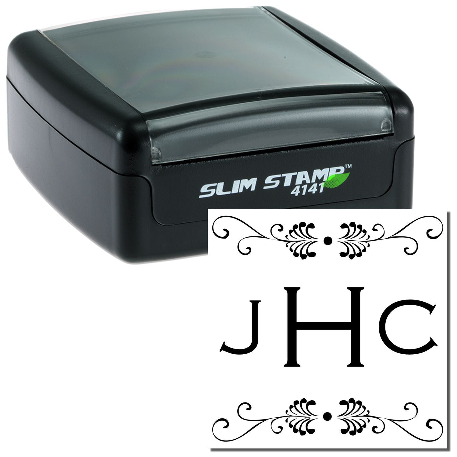 Custom self-inking Slim Stamp rubber stamp with JHC monogram and decorative flourishes for personalized stationery.