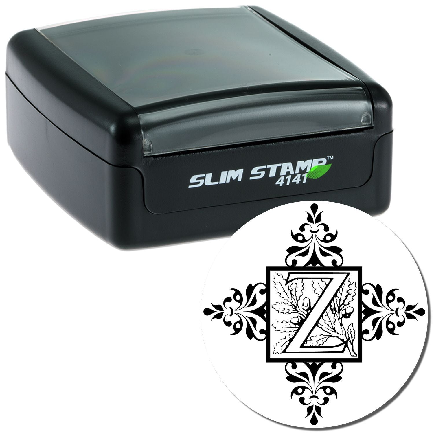 Slim Stamp 4141 self-inking custom rubber stamp with decorative Z monogram for personalized stationery and craft projects.