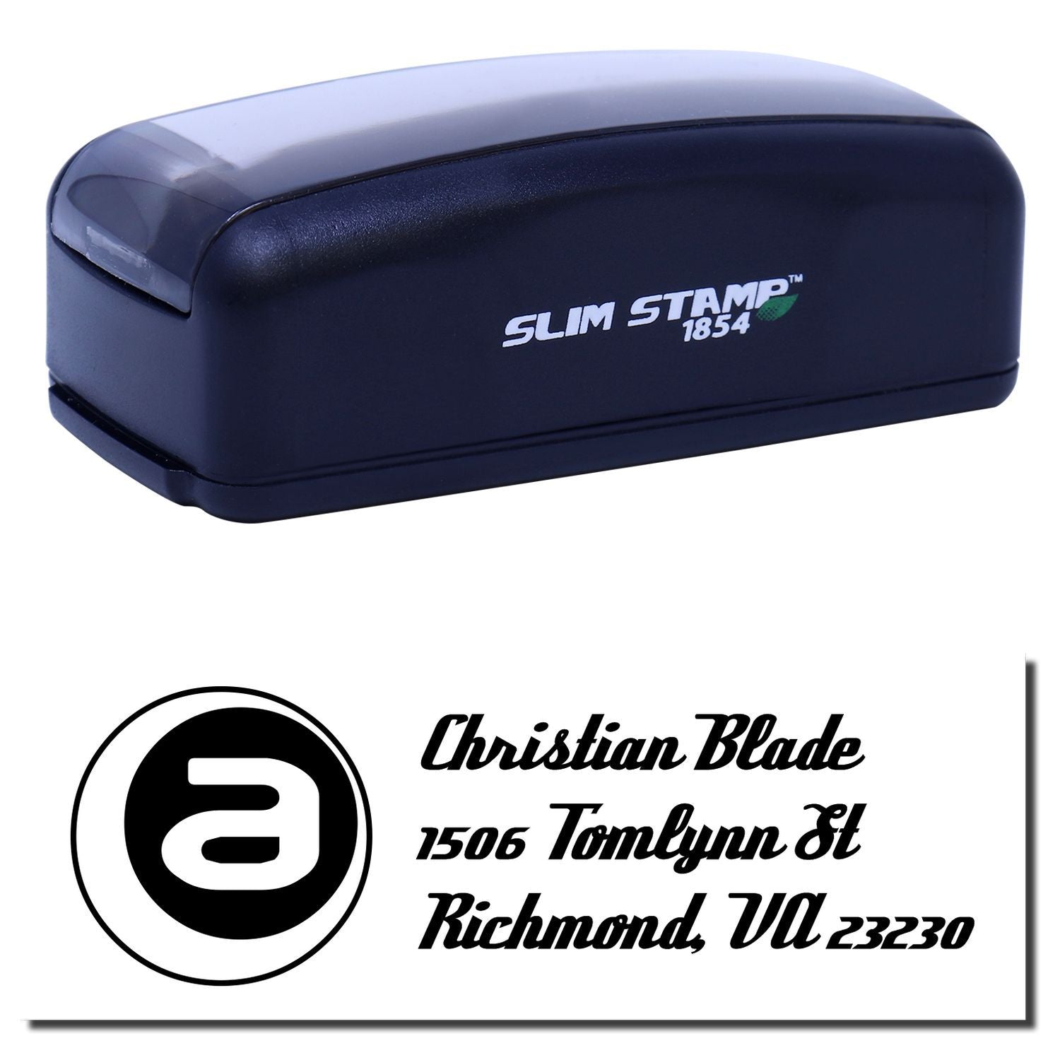 Slim Stamp 1854 self-inking rubber stamp for custom return address and logo imprint on business mail.